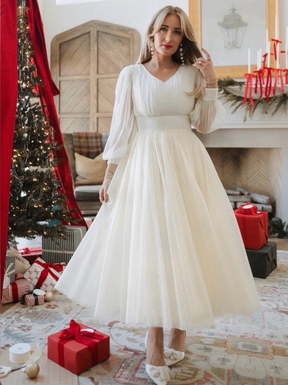 Ivy City Co Ivory Sparkle Tulle Midi Dress Size S